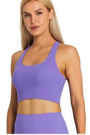 Model wearing fiit pixie sports bra in Lavender